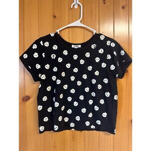 Messy Bun Just Chillin Womens Black White Skull Print Graphic T-Shirt Medium